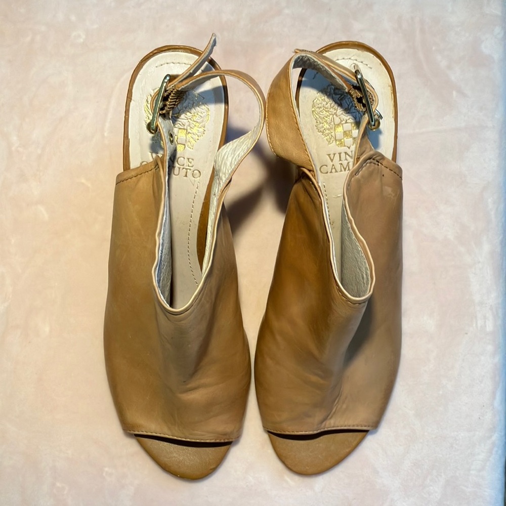 Vince Camuto Soft Leather Light Brown Open Toed Bootie Heels